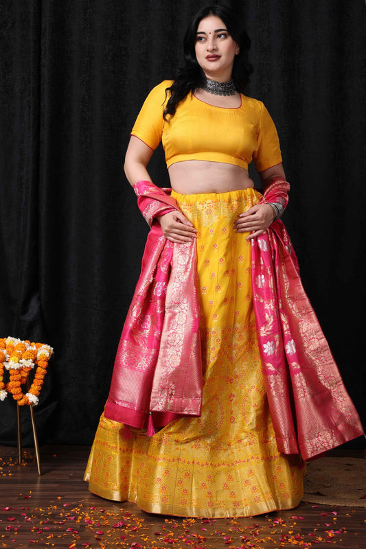 Buy Plus Size Madhur Abha Banarasi Silk Lehenga At Apella | Sizes XS to 10 XL | India | Free Delivery | Customized