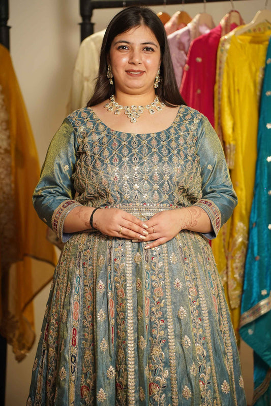 Zehnaya Blue Tissue Zari Embroidered Dress