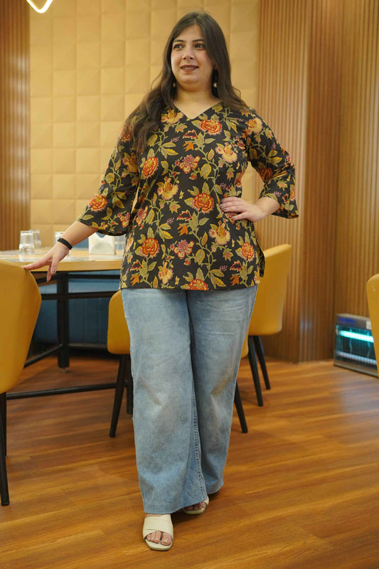 Earthy Black Block Printed Cotton Top