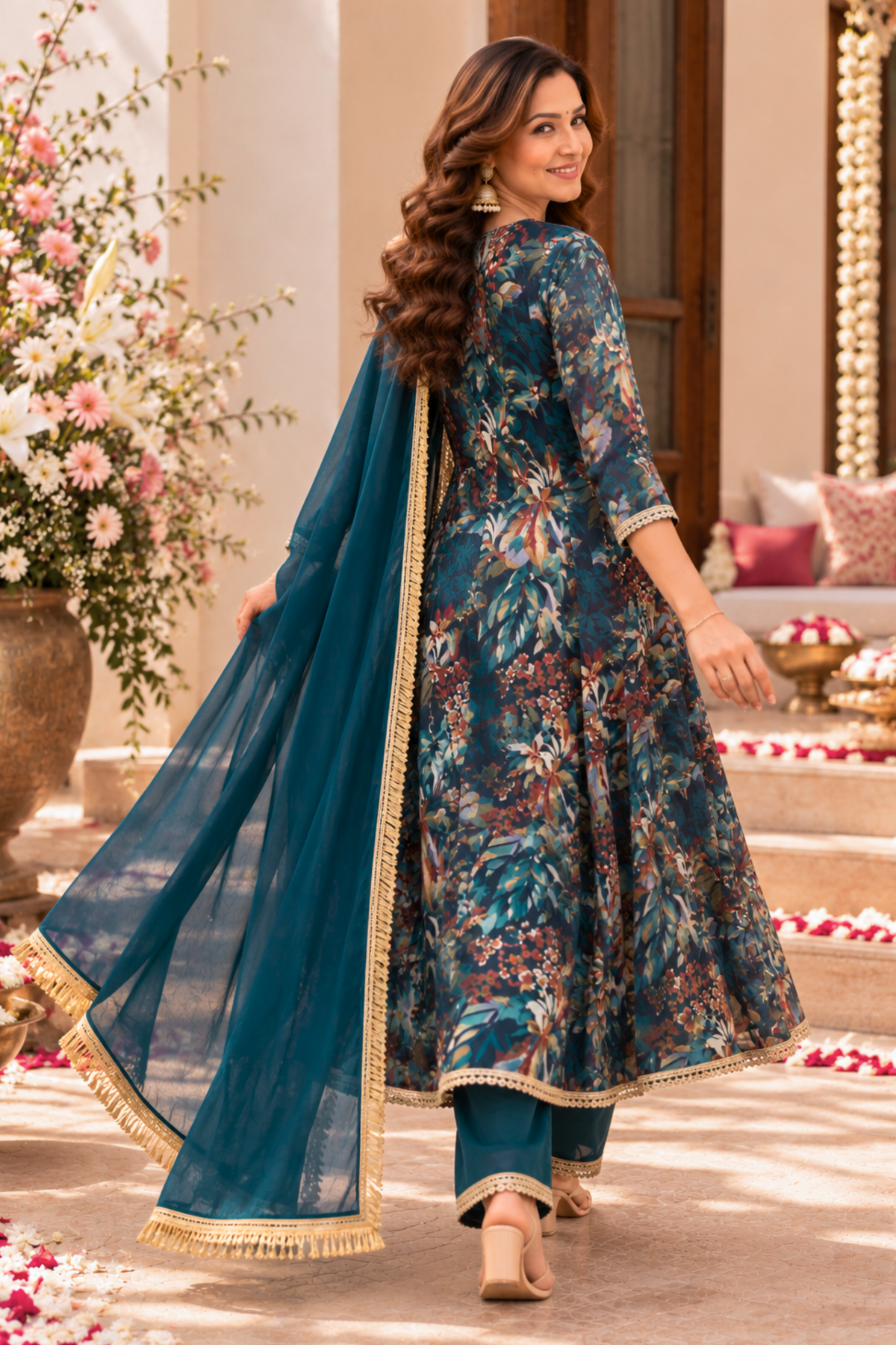 Teal Radiance Foiled Anarkali Set