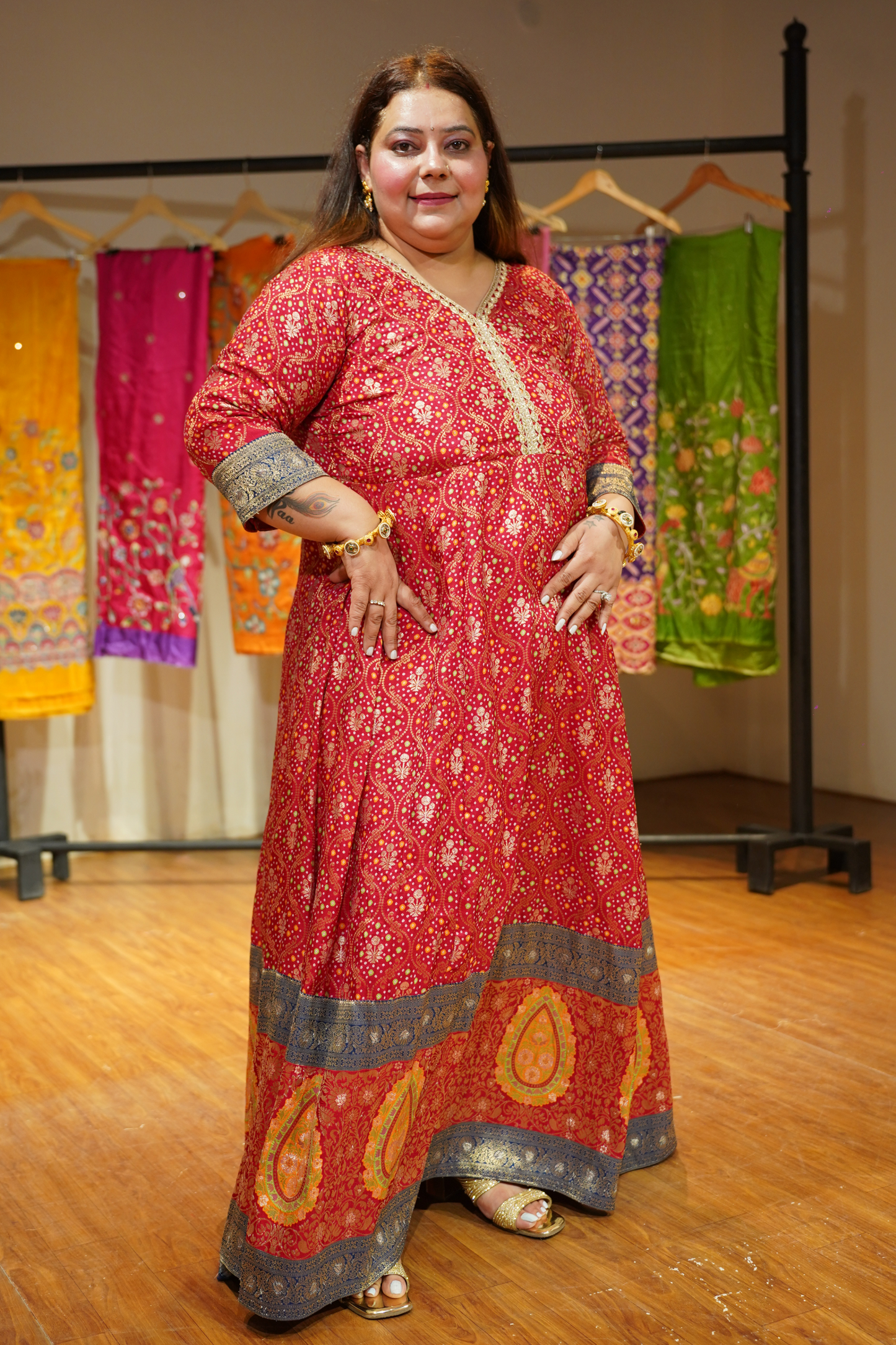 Aarohi Red Silk Dress with Jacquard Weave