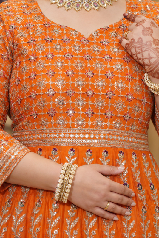 Aarunya Tangerine Embroidered Dress With Dupatta