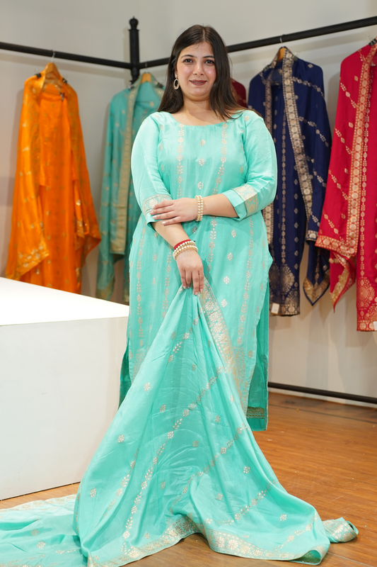 Anaaya Aqua Jacquard Silk Suit
