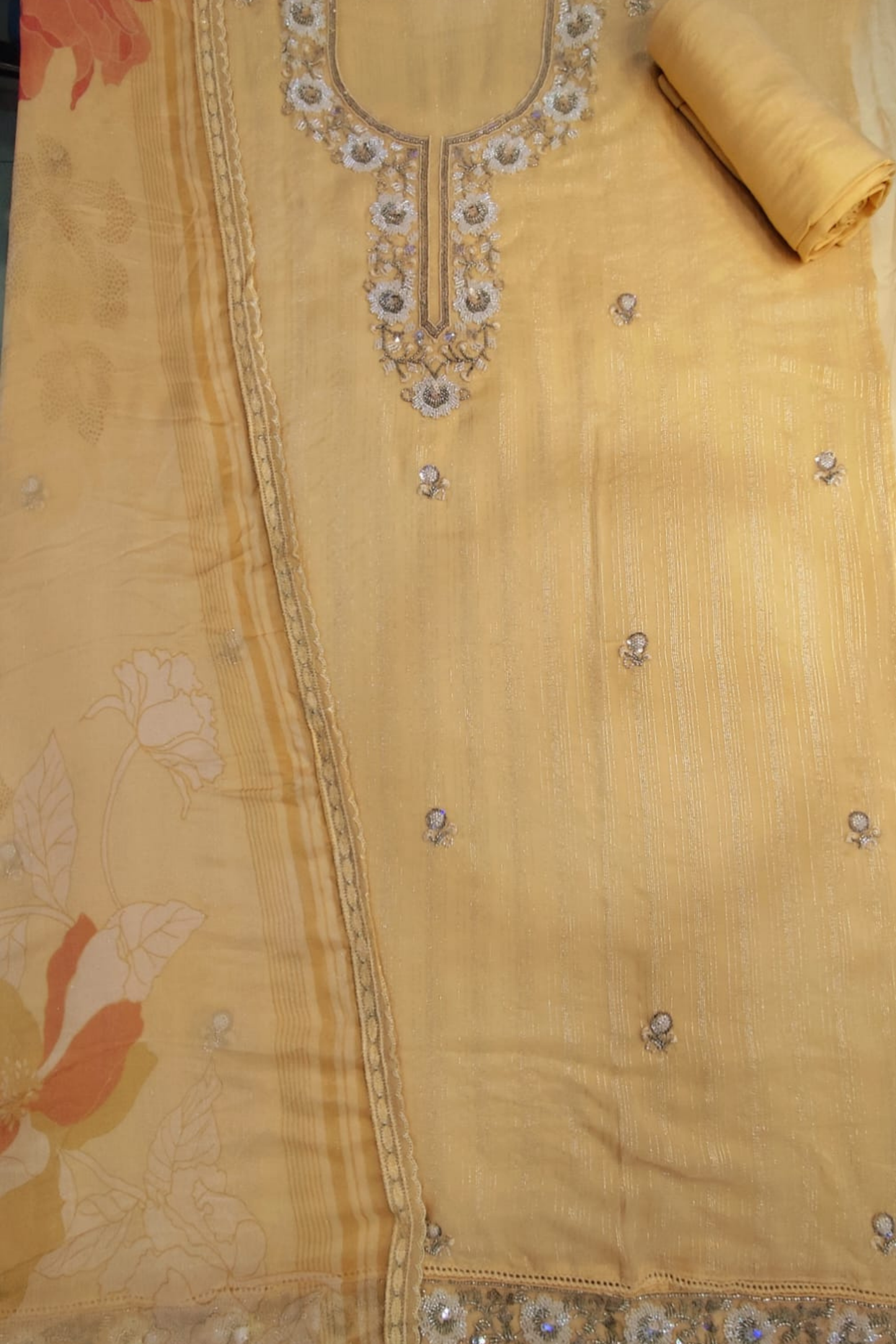 Apricot Organza Sequined Unstitched Suit