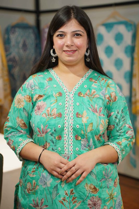 Aqua Green Floral Cotton Suit