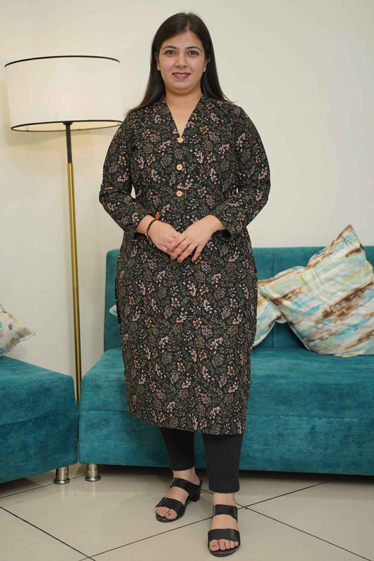 Black Floral Corduroy Kurta