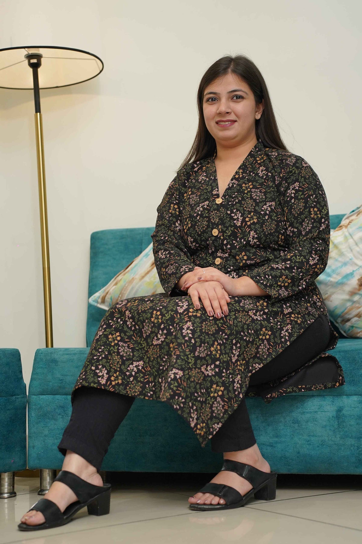 Black Floral Corduroy Kurta