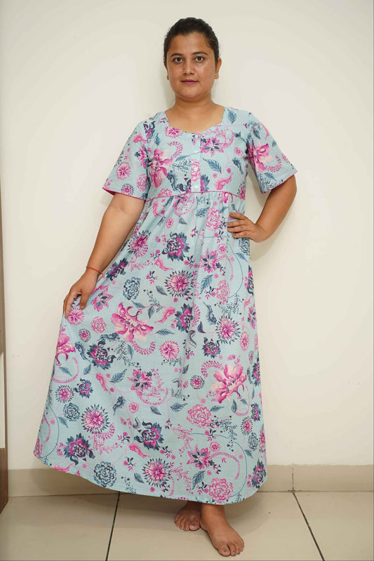 Sky Floral Cotton Night Gown