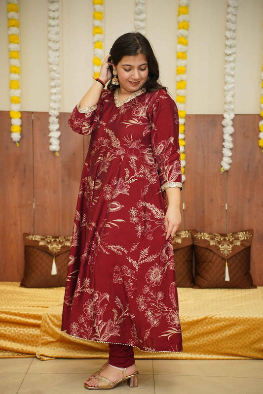 Deep Crimson Foiled Anarkali Kurta