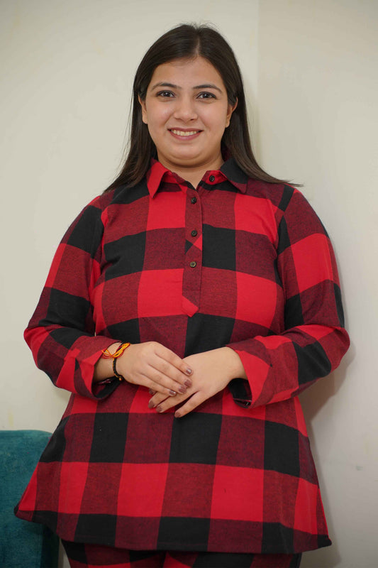 Fiery Plaid Woollen Night Suit