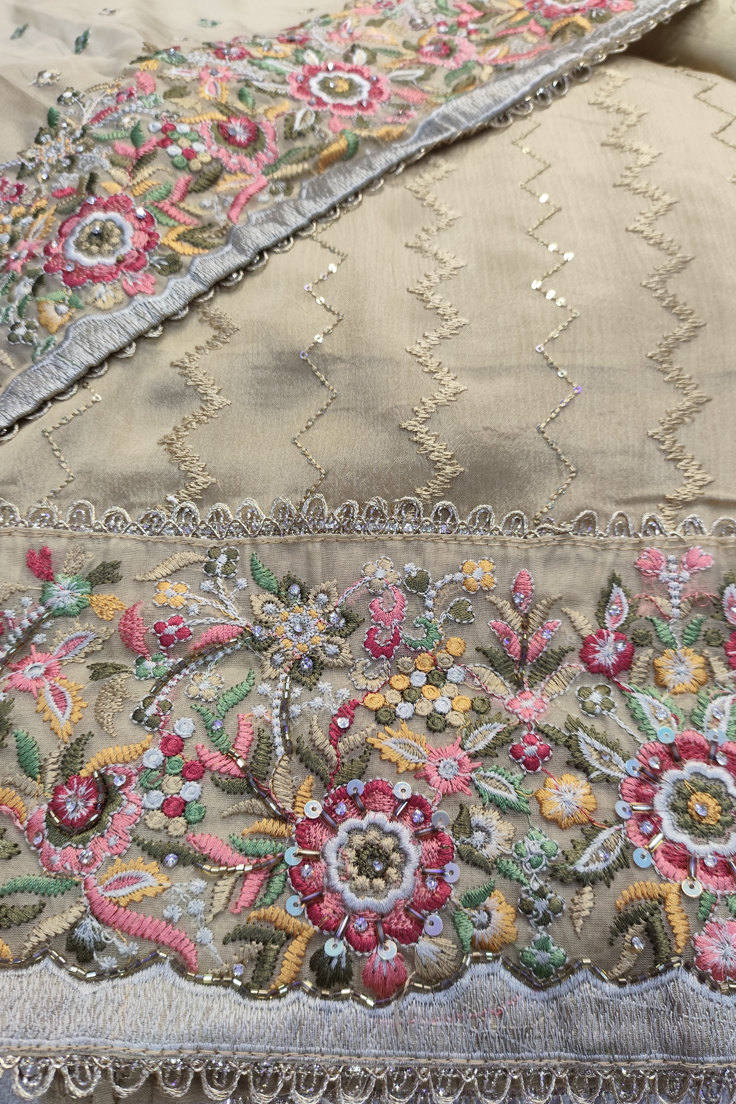 Gold Thread Embroidered Chinon Suit