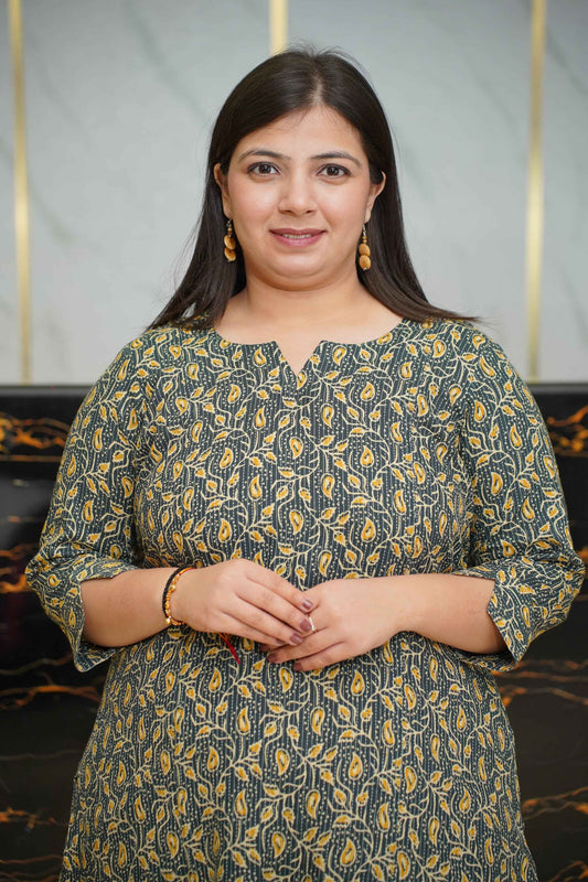 Green Block Printed Katha Kurta