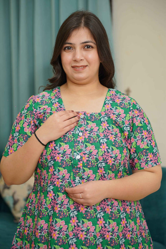 Greeny Petals Printed Night Gown