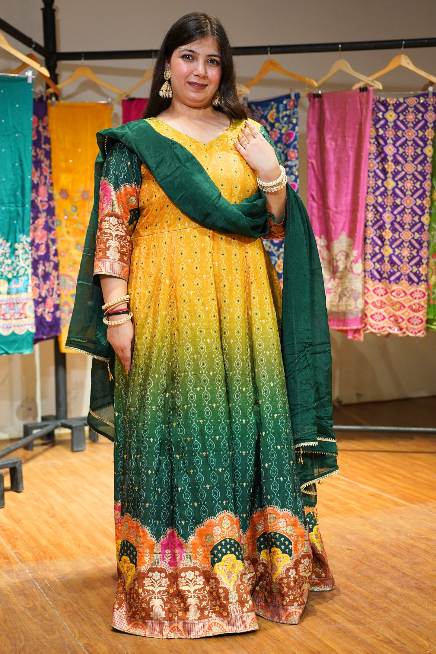 Haldi Henna Ombre Dress in Jacquard Silk