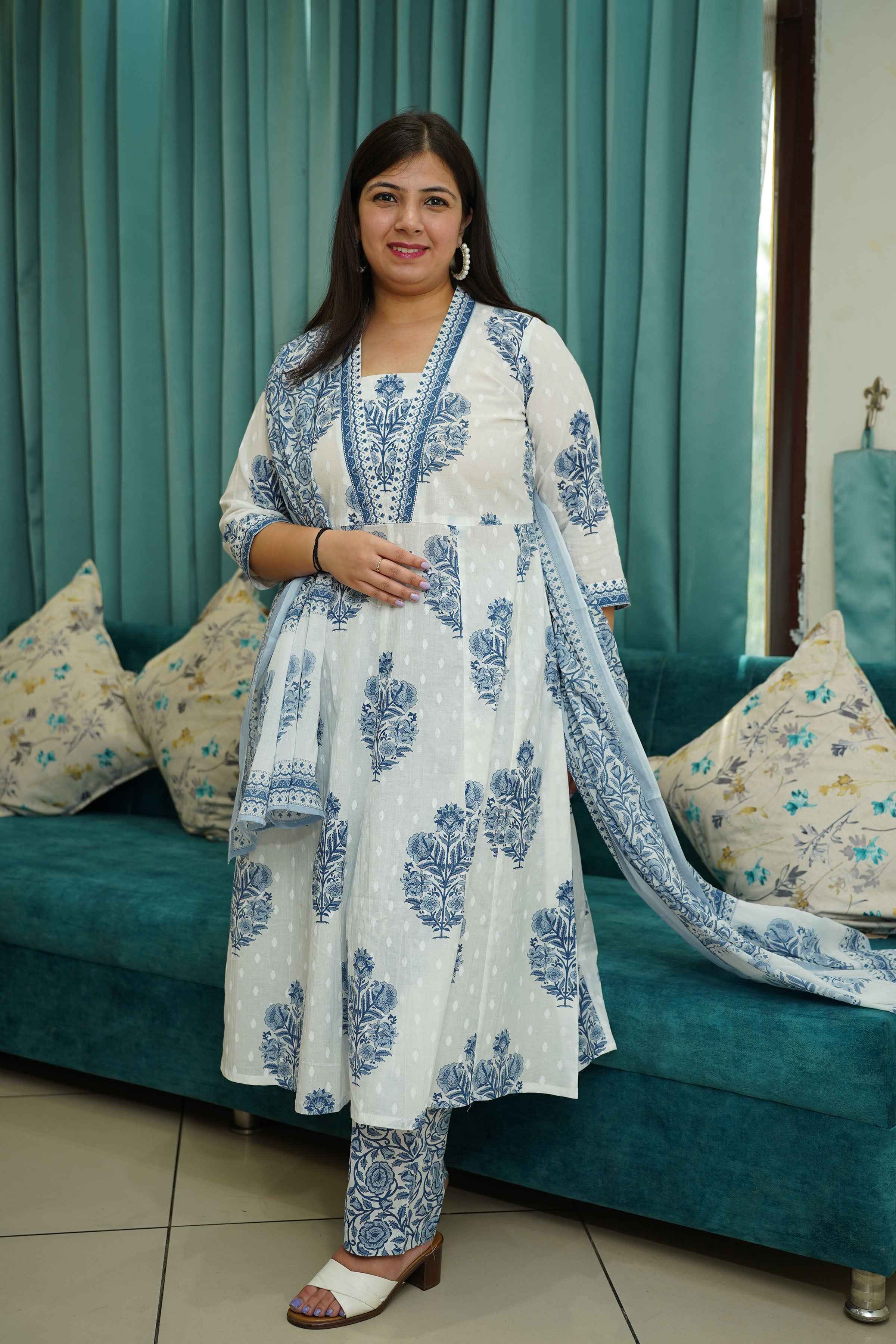 Women'S Blue And Grey Cotton Anarkali Plus Size main image 1