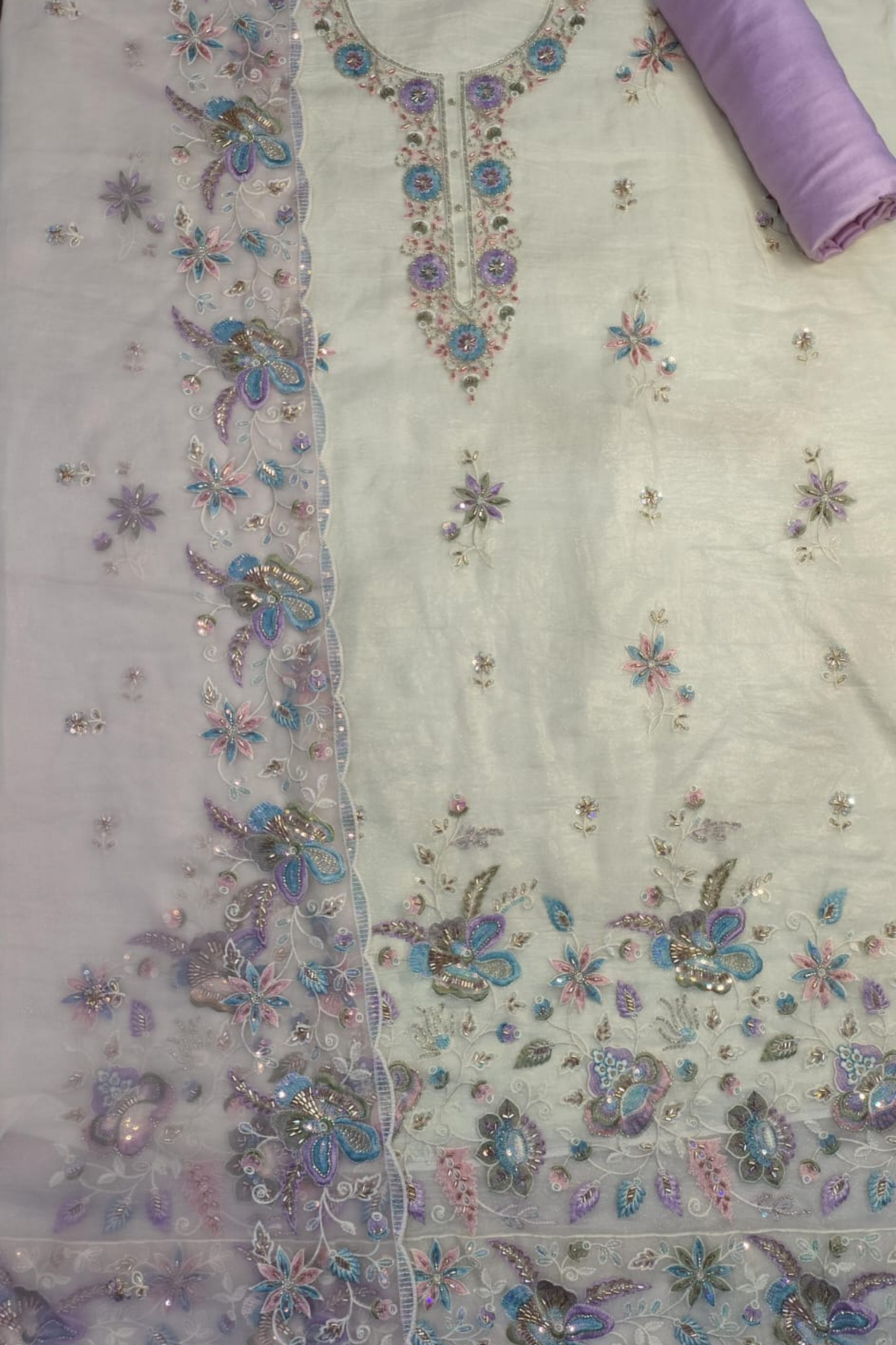 Ivory Mauve Tissue Shimmer Suit with Handwork