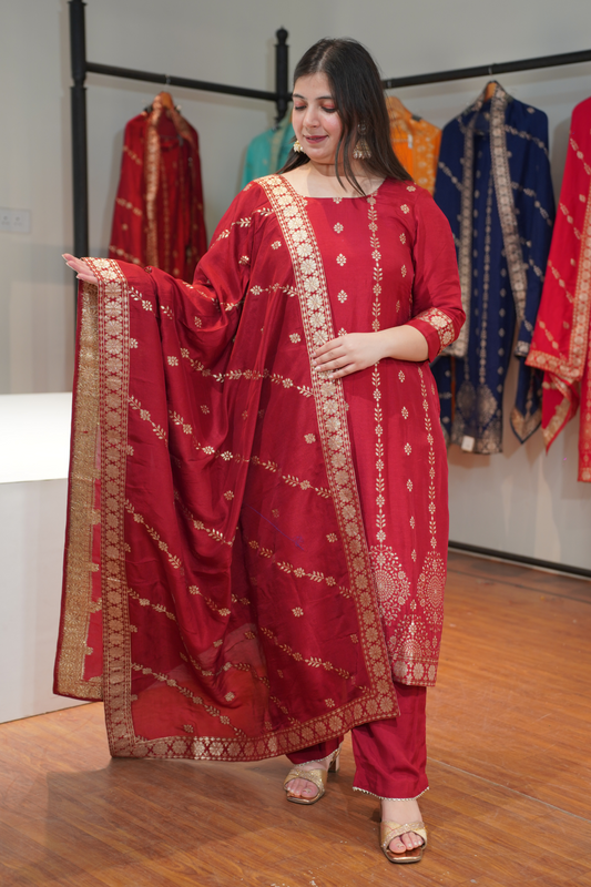 Lavanya Maroon Jacquard Silk Suit