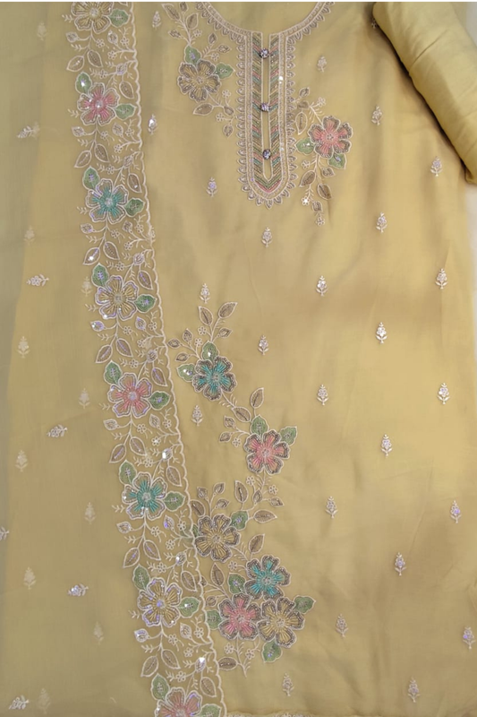 Lemon Crushed Organza Suit with Handwork