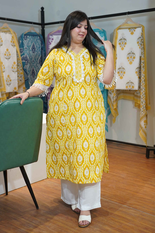 Lemony Yellow A-line Cotton Kurta