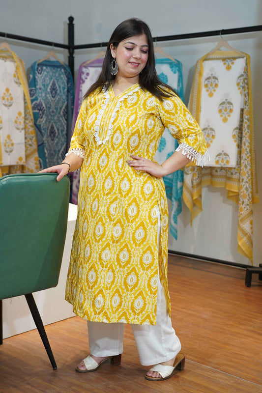 Lemony Yellow A-line Cotton Kurta