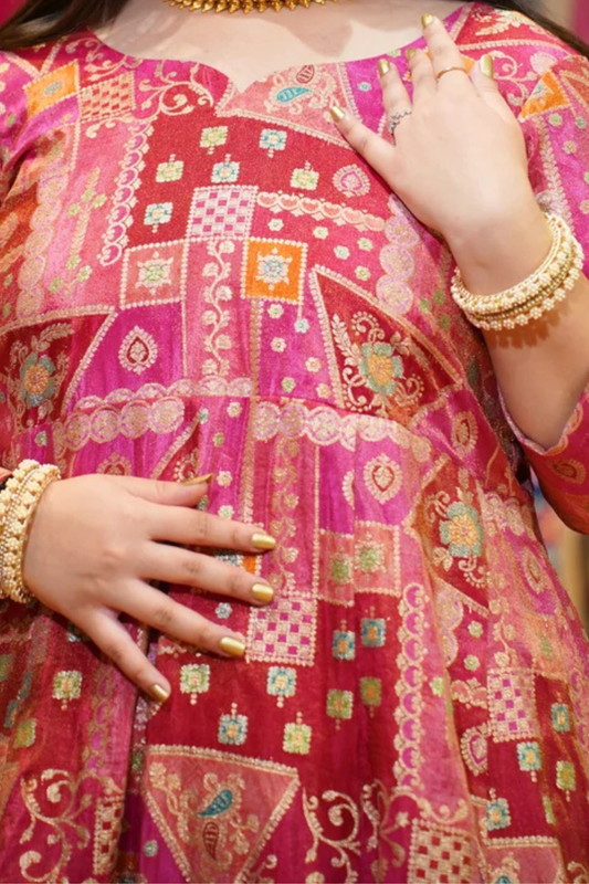Vasudha Rose Silk Dress with Jacquard Weave