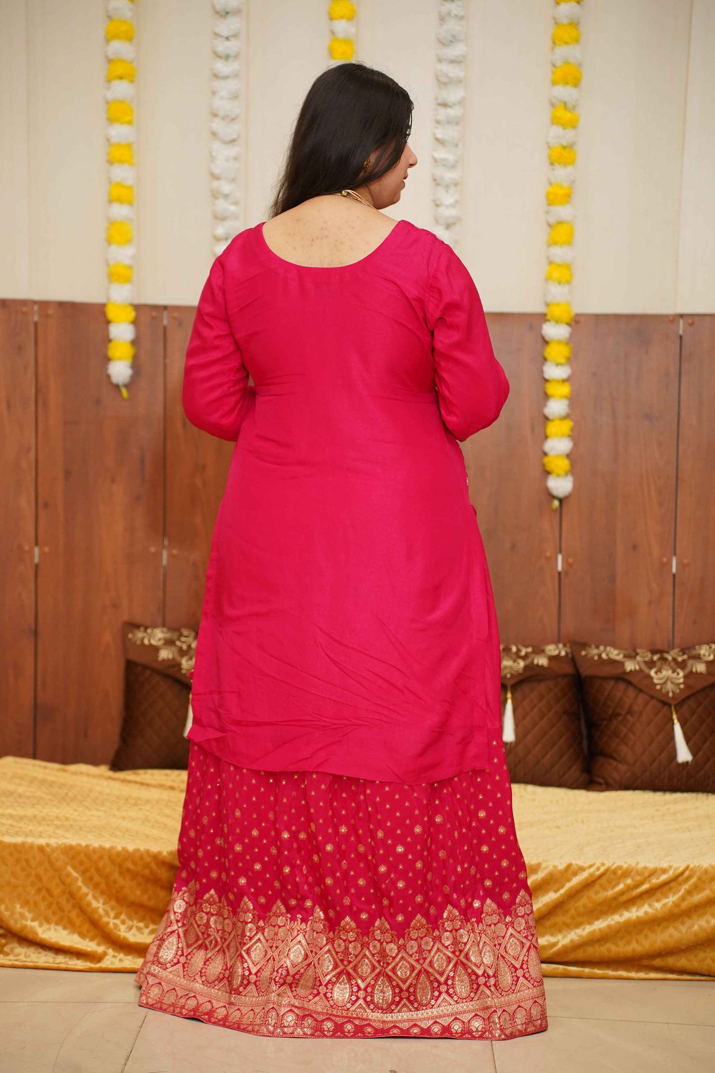 Amaranth Pink Jacquard Skirt Suit