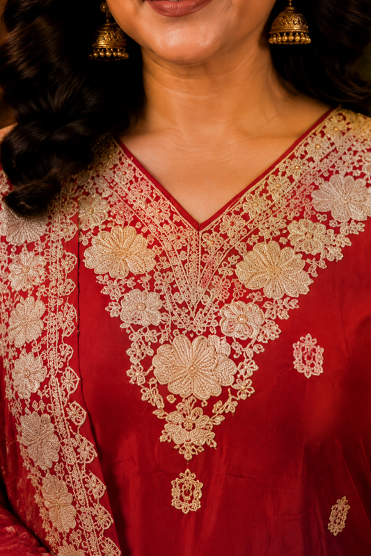 Aarisha Red Suit Set With Zari Embroidery