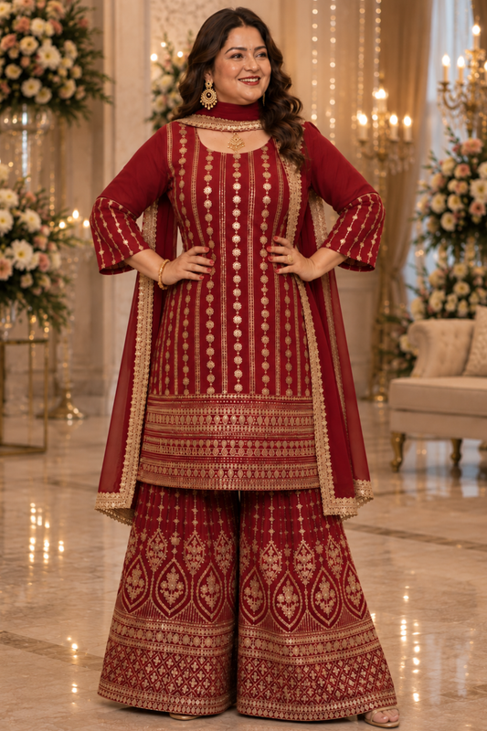 Maroon Merlot Embroidered Georgette Suit