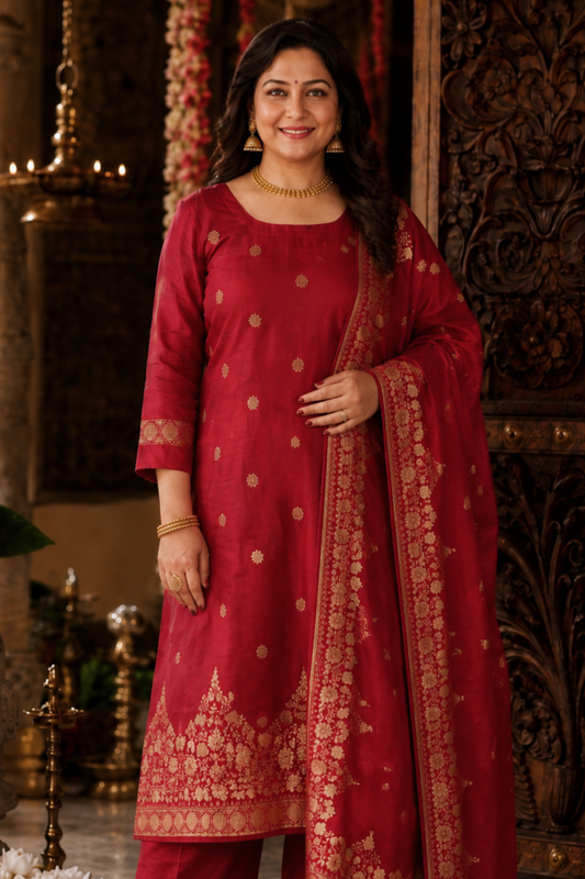 Vamika Maroon Jacquard Silk Suit