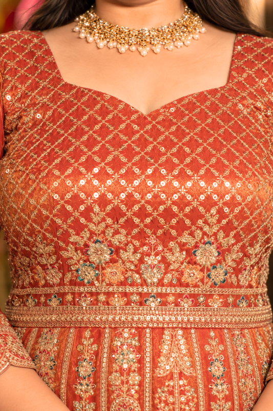 Mehzara Rust Tissue Zari Embroidered Dress