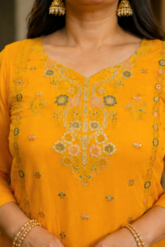 Amaltas Yellow Fancy Chinon Suit