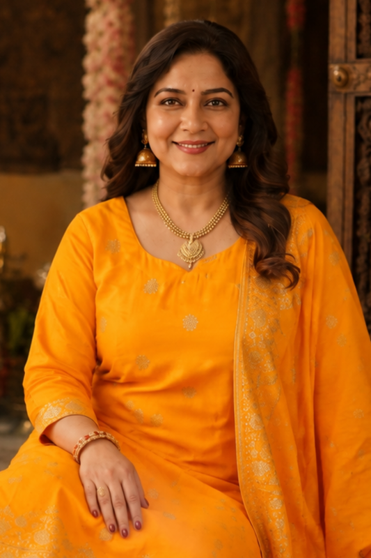 Suvarna Mustard Jacquard Silk Suit