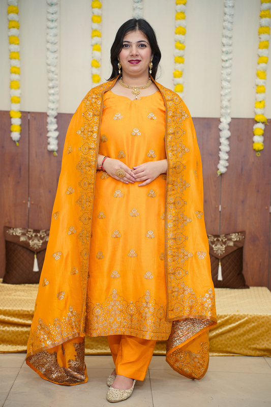 Mustard Gold Jacquard Silk Suit