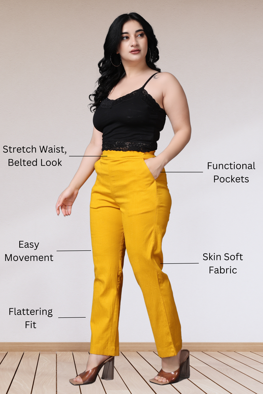 Buy Plus Size Mustard Lycra Slub Pants At Apella | Sizes XS to 10 XL | India | Free Delivery | Customized
