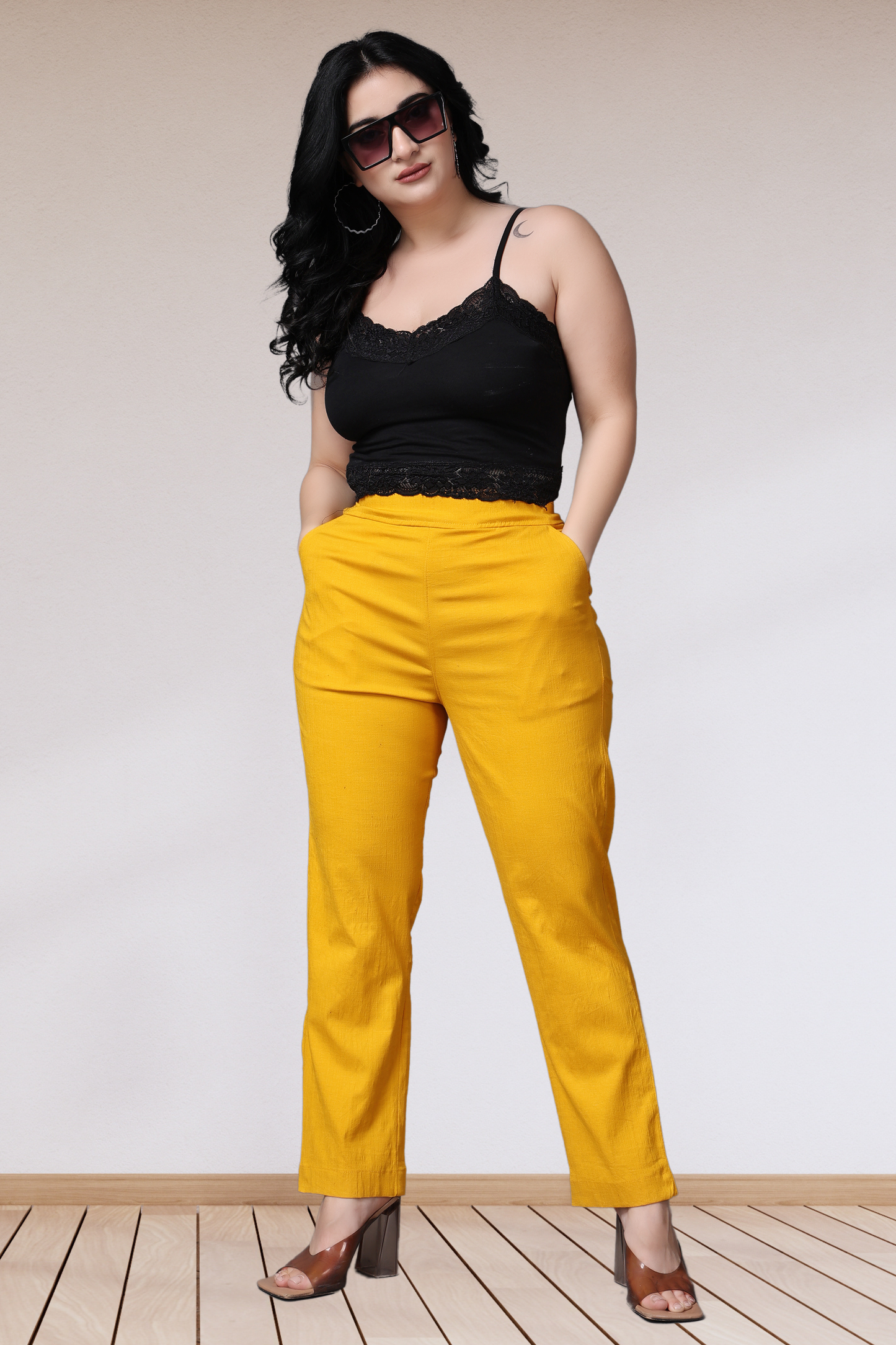 Buy Plus Size Mustard Lycra Slub Pants At Apella | Sizes XS to 10 XL | India | Free Delivery | Customized