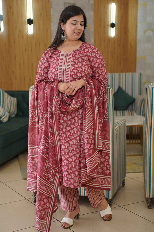 Muted Ruby Block Printed Suit Set