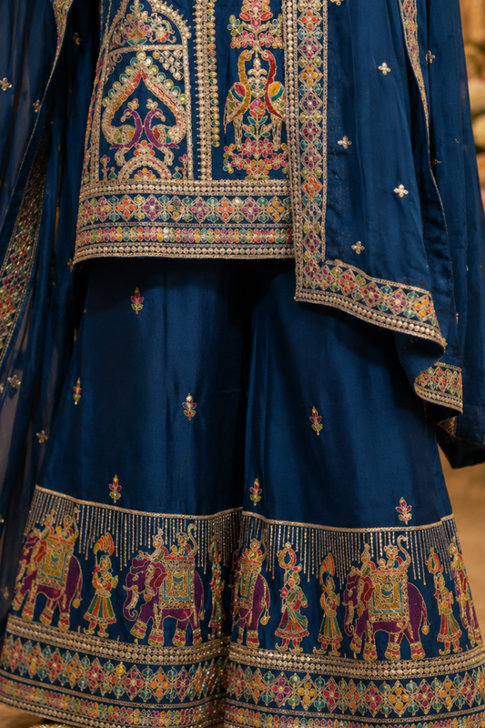 Aariza Blue Zari Embroidered Suit With Flared Pants