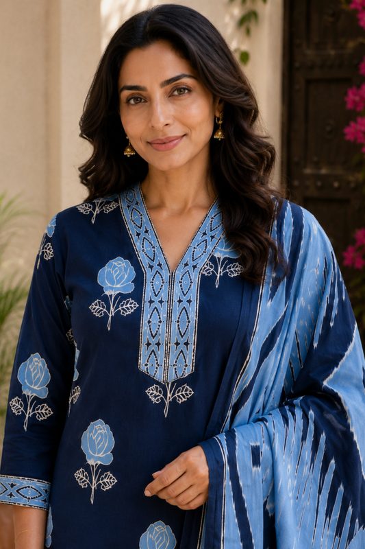 Indigo Poetry Cotton Straight Suit