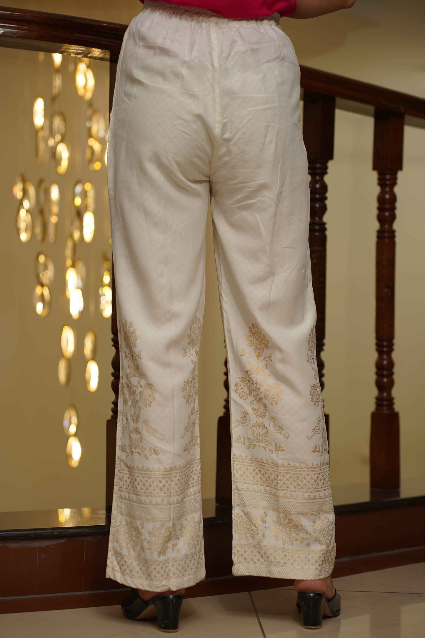 Off White Foiled Rayon Palazzo