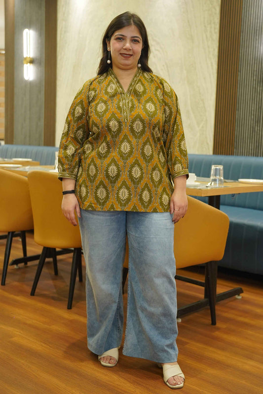 Olive Henna Block Printed Cotton Top
