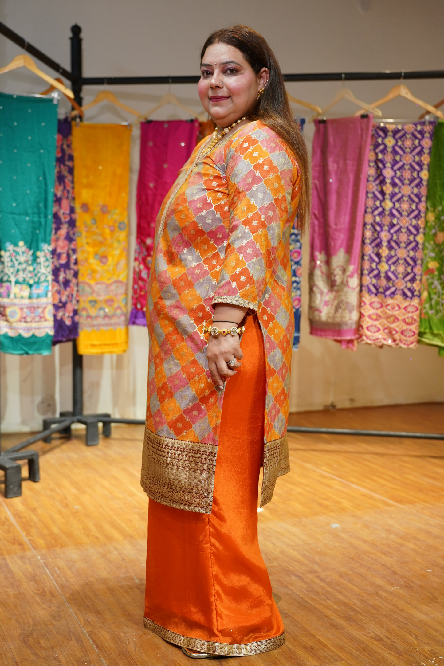 Amaira Saffron Suit Set in Jacquard Silk