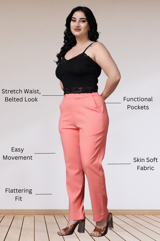 Buy Plus Size Peach Lycra Slub Pants At Apella | Sizes XS to 10 XL | India | Free Delivery | Customized