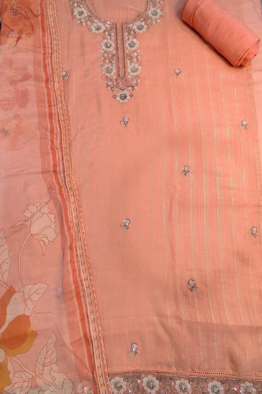 Peach Organza Sequined Unstitched Suit