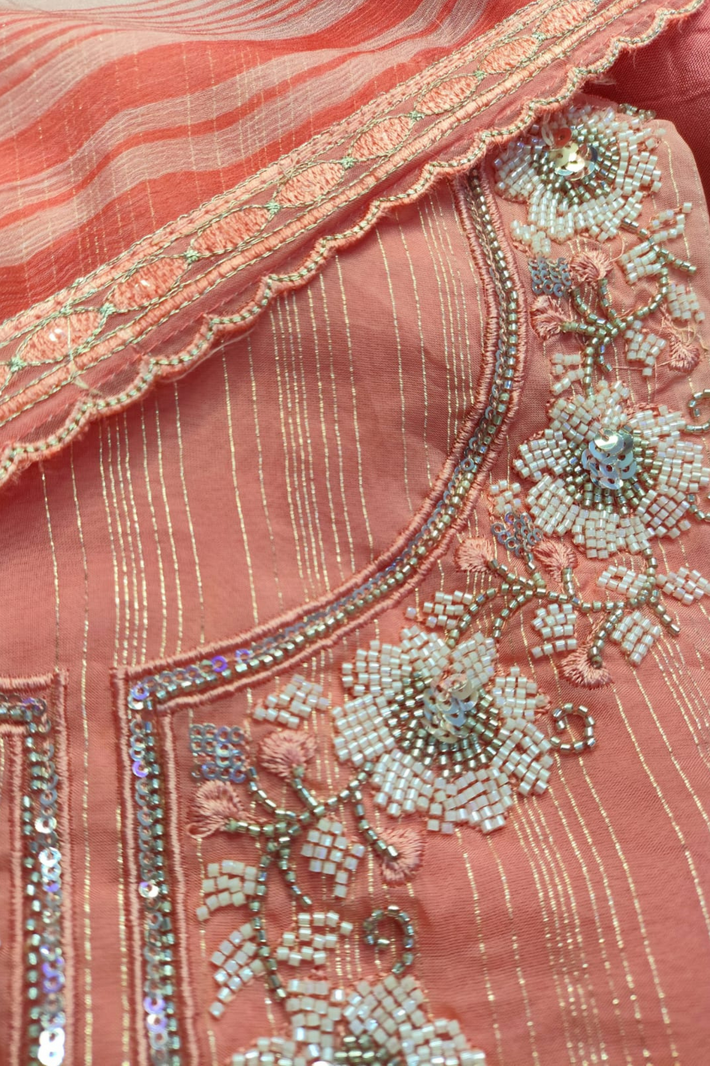 Peach Organza Sequined Unstitched Suit