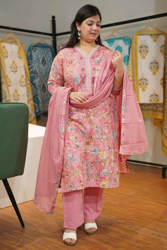Peachy Pink Floral Cotton Suit