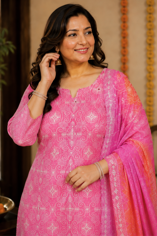 Gulabi Phagun Bandhej Suit Set