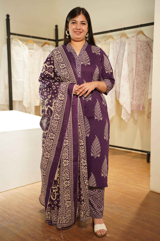 Purple Tropic Block Printed Cotton Suit Set