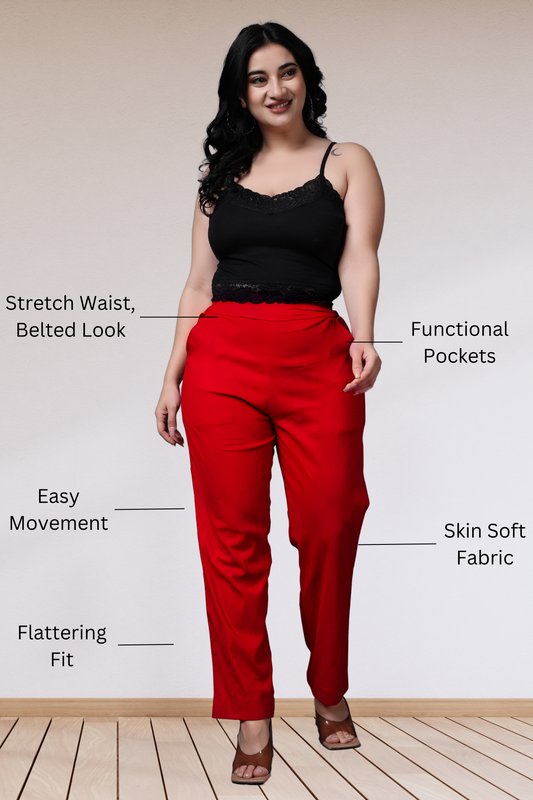 Buy Plus Size Red Lycra Slub Pants At Apella | Sizes XS to 10 XL | India | Free Delivery | Customized