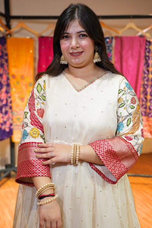 Roha Ivory Silk Dress with Peacock Motifs