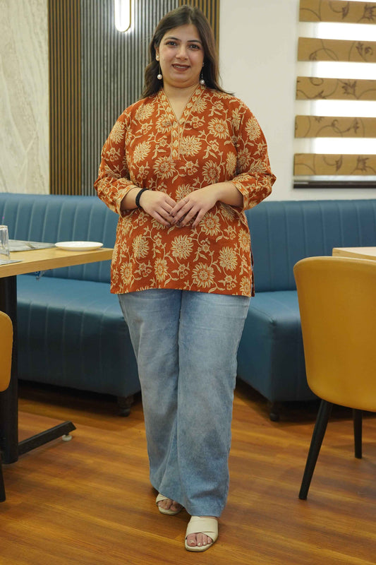 Rust Ember Block Printed Cotton Top